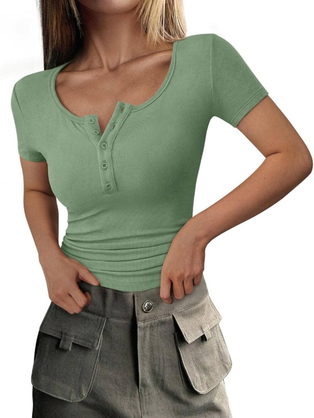 Women's Sage Green Short Sleeve Ribbed Henley Button Slim Fit Casual T Shirts